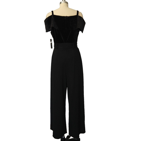 Vintage Y2K Black Velvet Jumpsuit Size 12 L Cold Shoulder Sweetheart Neckline - Picture 11 of 13